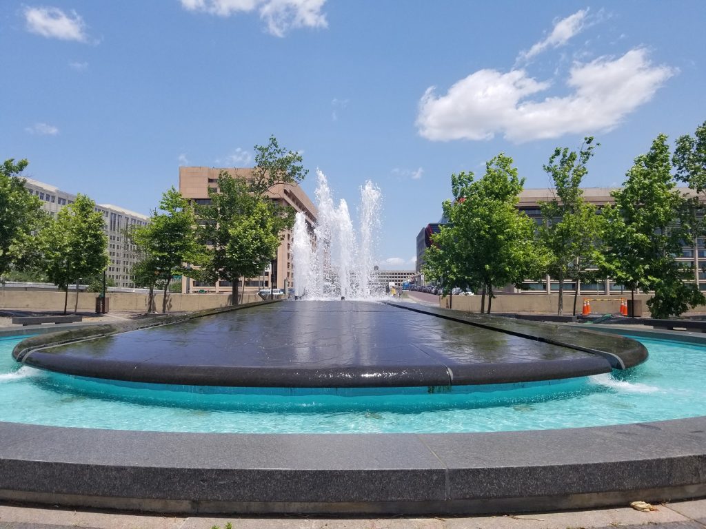 Benjamin Banneker Park on 10th Street, SW, looking north toward L'Enfant Plaza and the Forrestal Building